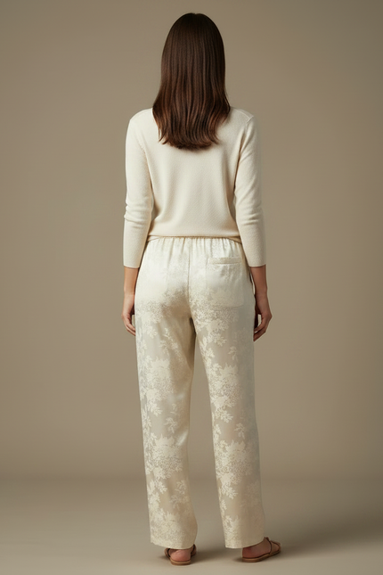 Pantalon Chinois Crème Satin Jacquard Floral Fluide Élégant - Beige - vue 2