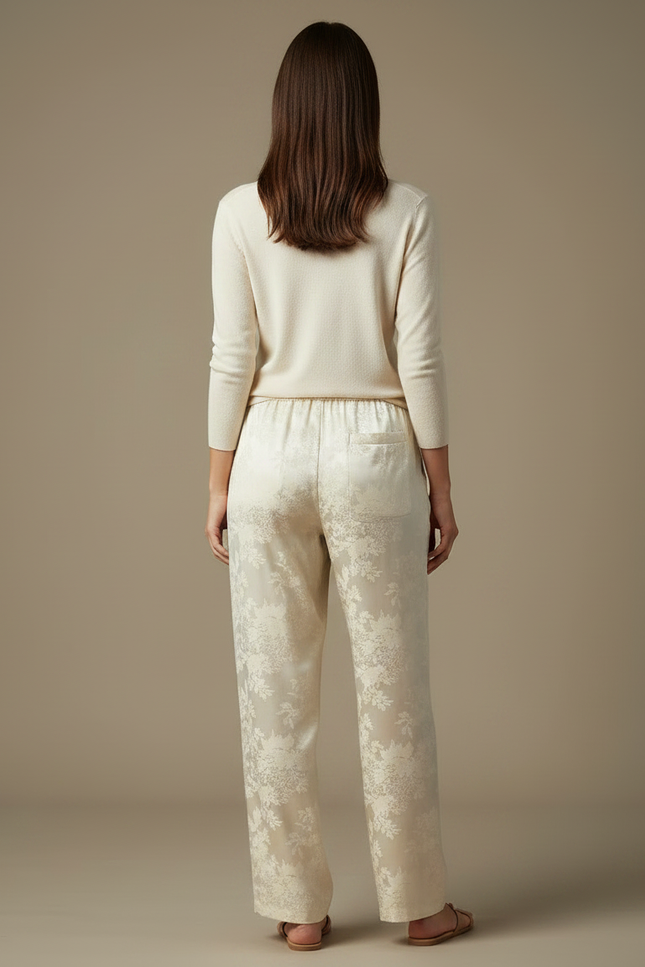 Pantalon Chinois Crème Satin Jacquard Floral Fluide Élégant - Beige - vue 2