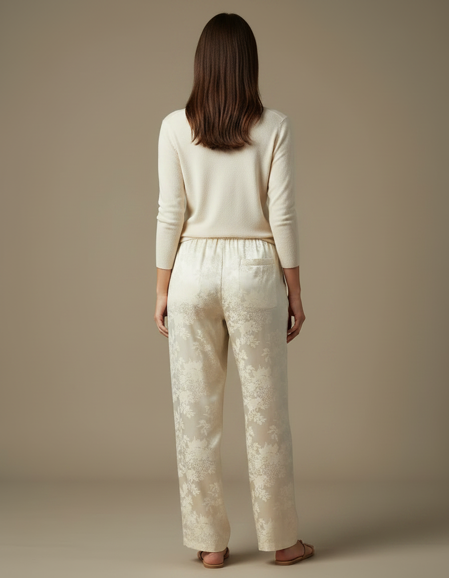 Pantalon Chinois Crème Satin Jacquard Floral Fluide Élégant - Beige - vue 2