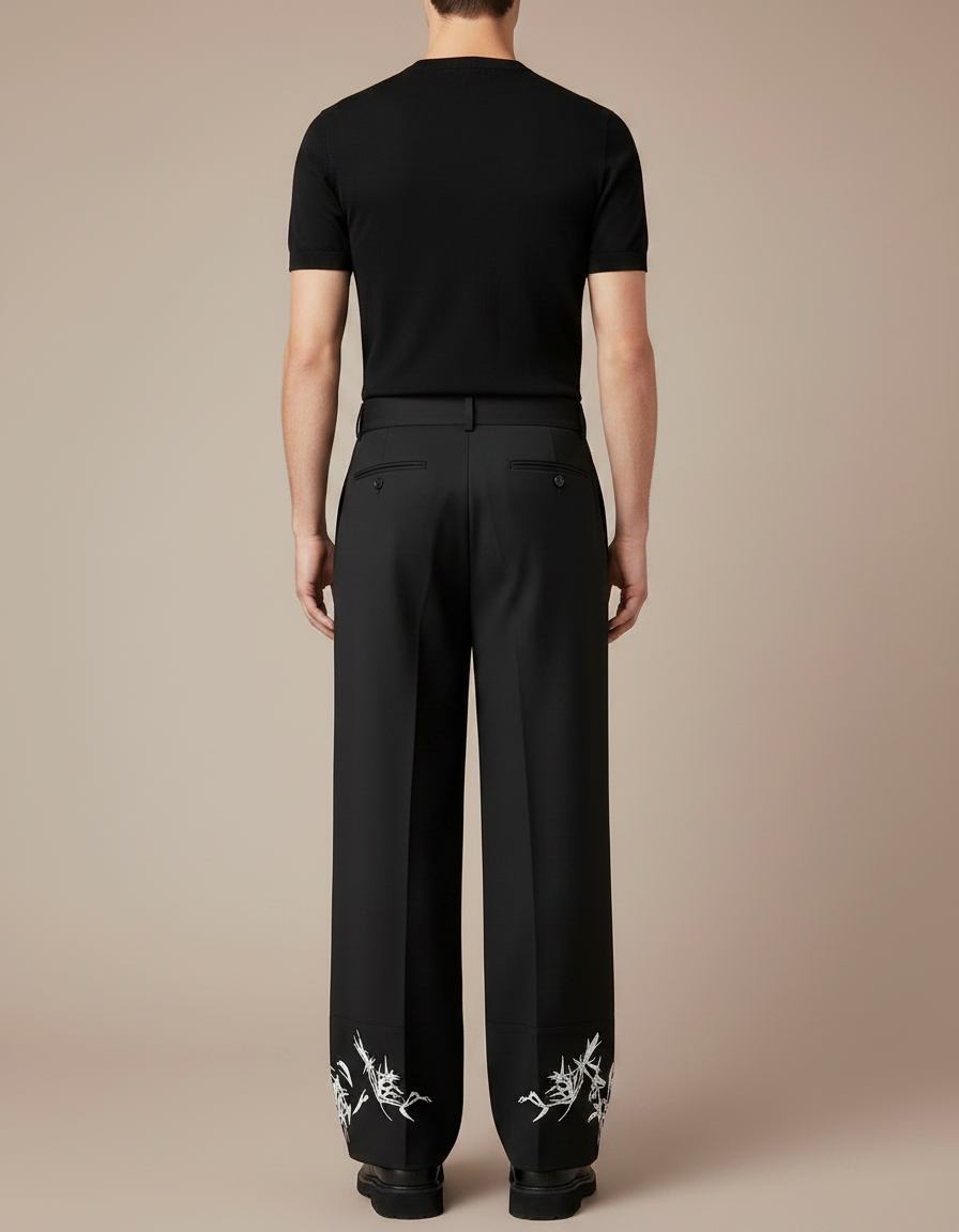 Pantalon Chinois Noir Plissé Brodé Ample Décontracté Homme - Polyester - vue 2