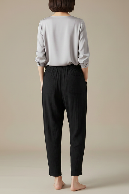 Pantalon Chinois Noir Ample Texturé Coton Décontracté - vue 2