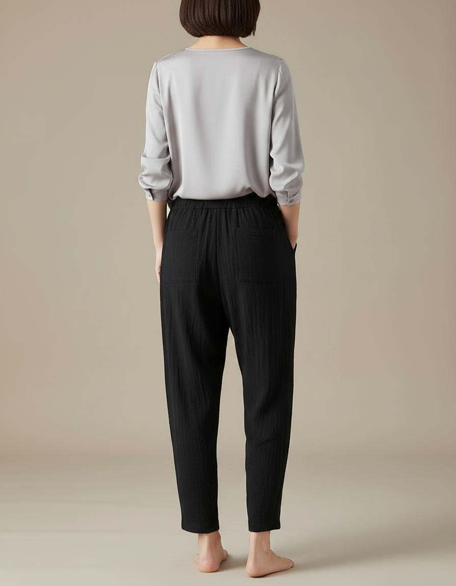 Pantalon Chinois Noir Ample Texturé Coton Décontracté - vue 2
