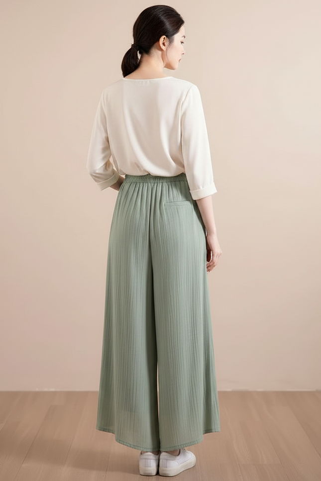 Pantalon Chinois Vert Ample Plissé Brodé Tencel - Viscose - vue 2