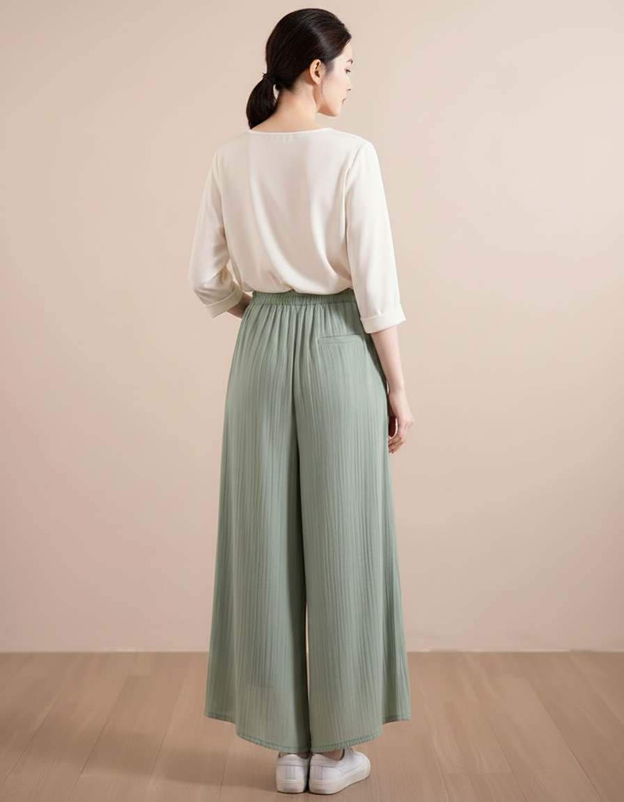 Pantalon Chinois Vert Ample Plissé Brodé Tencel - Viscose - vue 2