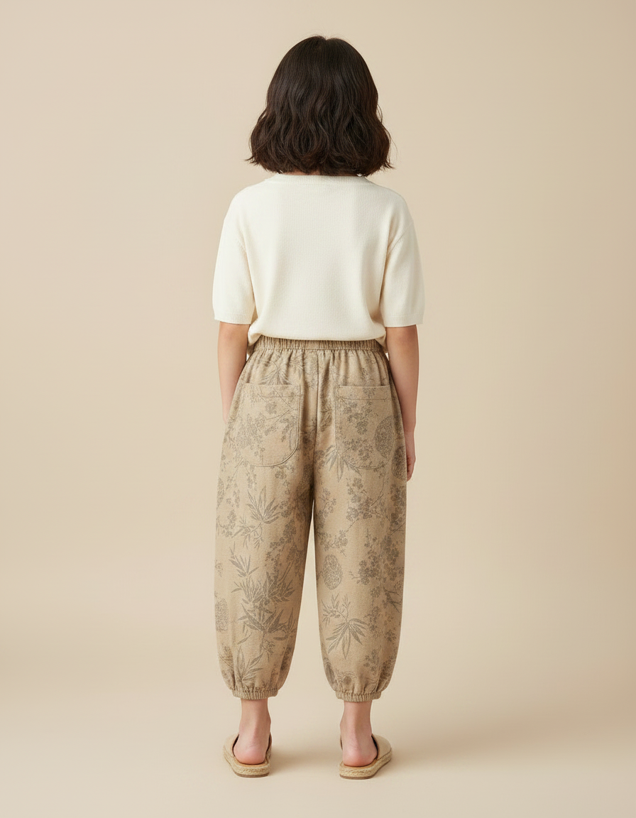 Pantalon Chinois Beige Motif Floral Ample Coton Enfant - vue 2