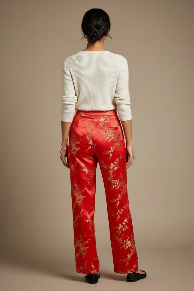 Pantalon Chinois Rouge Satiné Fleuri Doré Ample Élégant - vue 2
