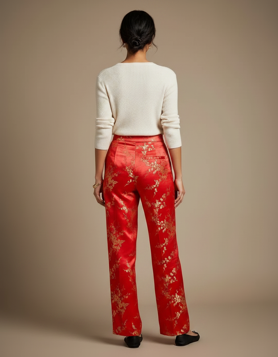 Pantalon Chinois Rouge Satiné Fleuri Doré Ample Élégant - vue 2