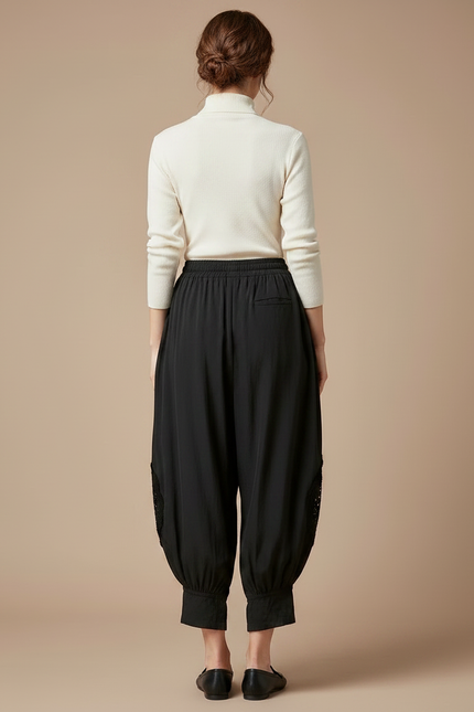 Pantalon Chinois Noir Harem Brodé Coton Ethnique - Viscose - vue 2