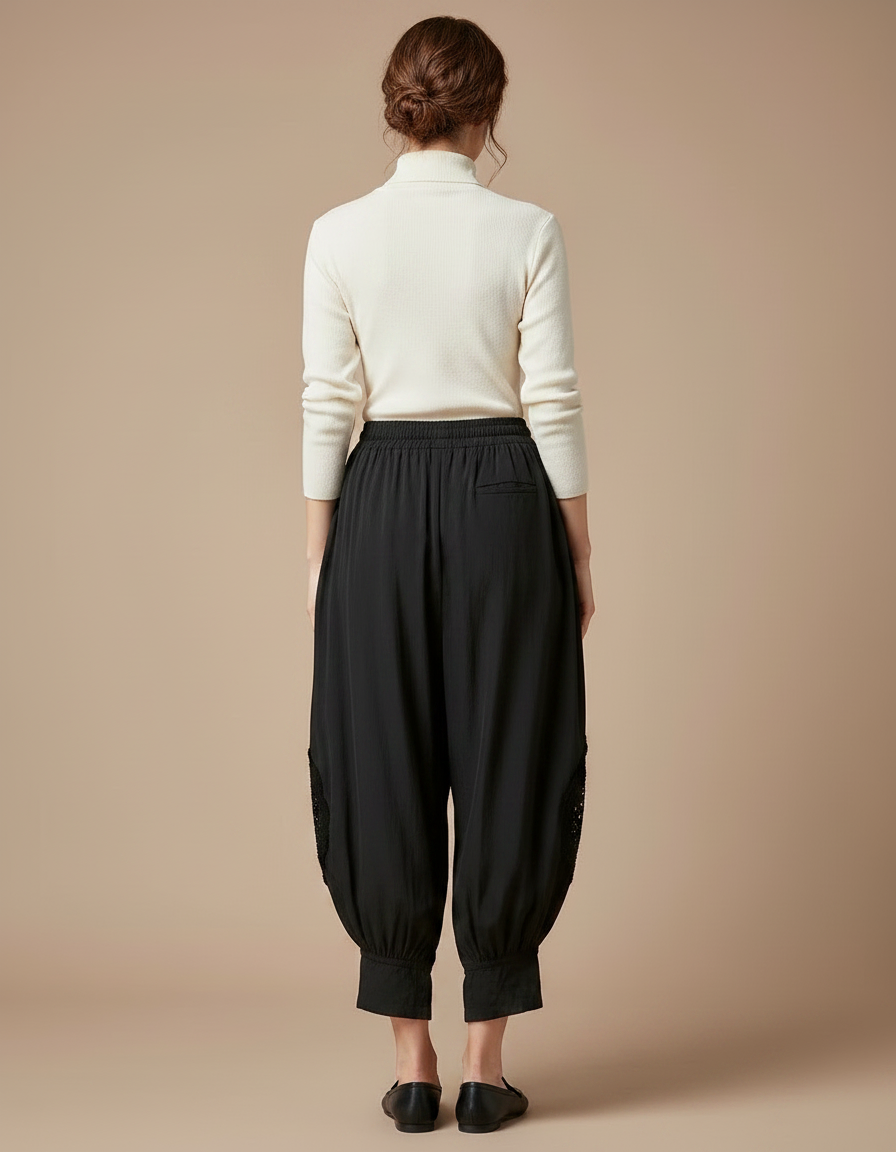 Pantalon Chinois Noir Harem Brodé Coton Ethnique - Viscose - vue 2