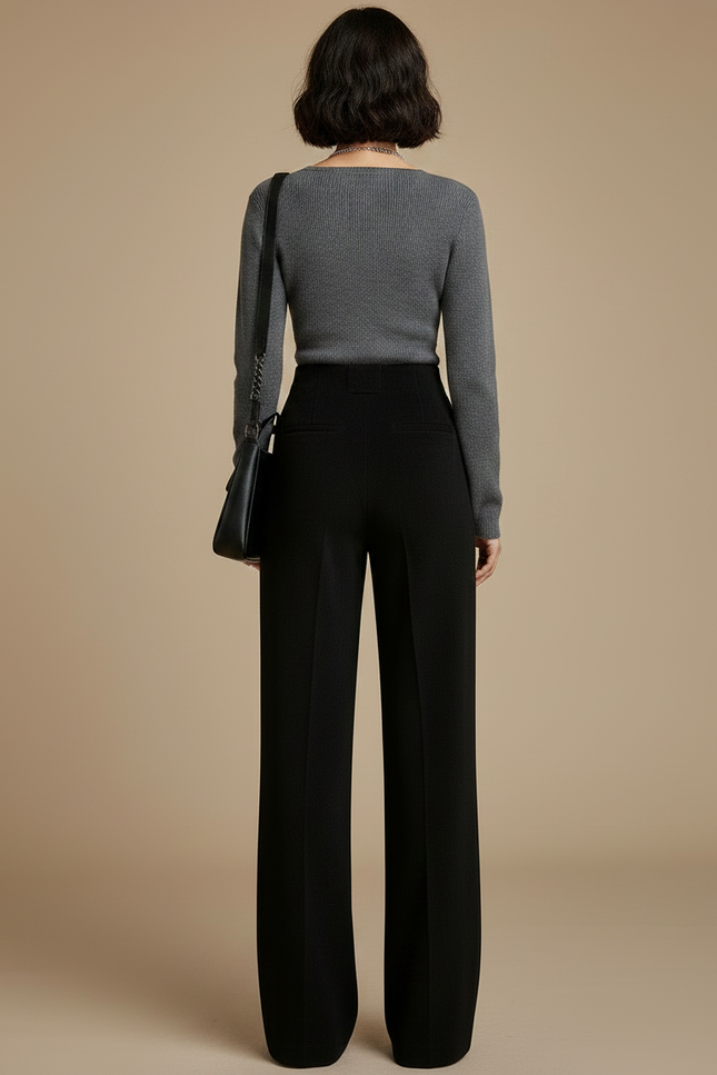 Pantalon Chinois Noir Ample Taille Haute Boutons Femme - Gabardine - vue 2