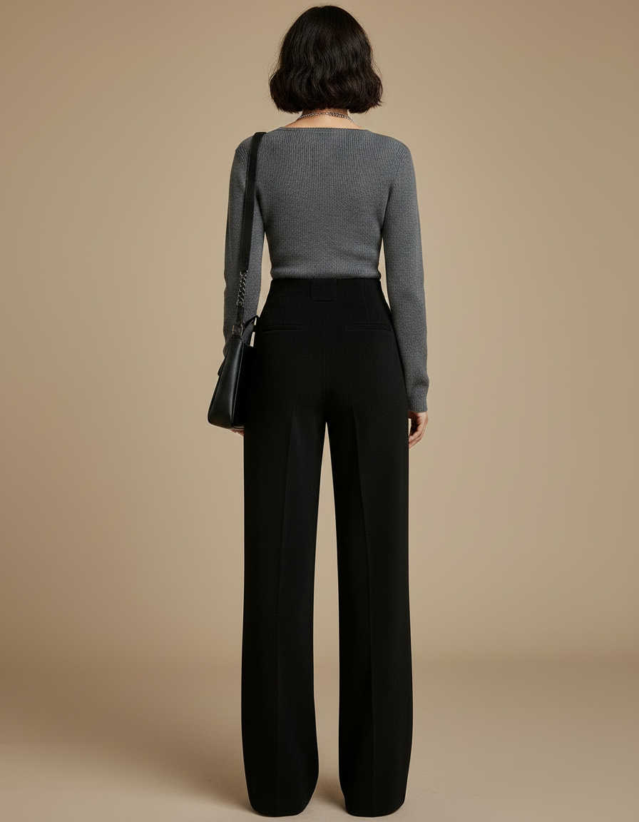 Pantalon Chinois Noir Ample Taille Haute Boutons Femme - Gabardine - vue 2