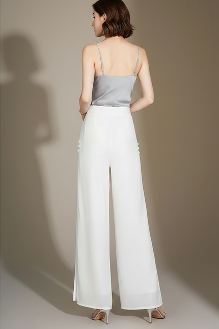 Pantalon Chinois Blanc Fluide Élégant Taille Haute - Soie - vue 2
