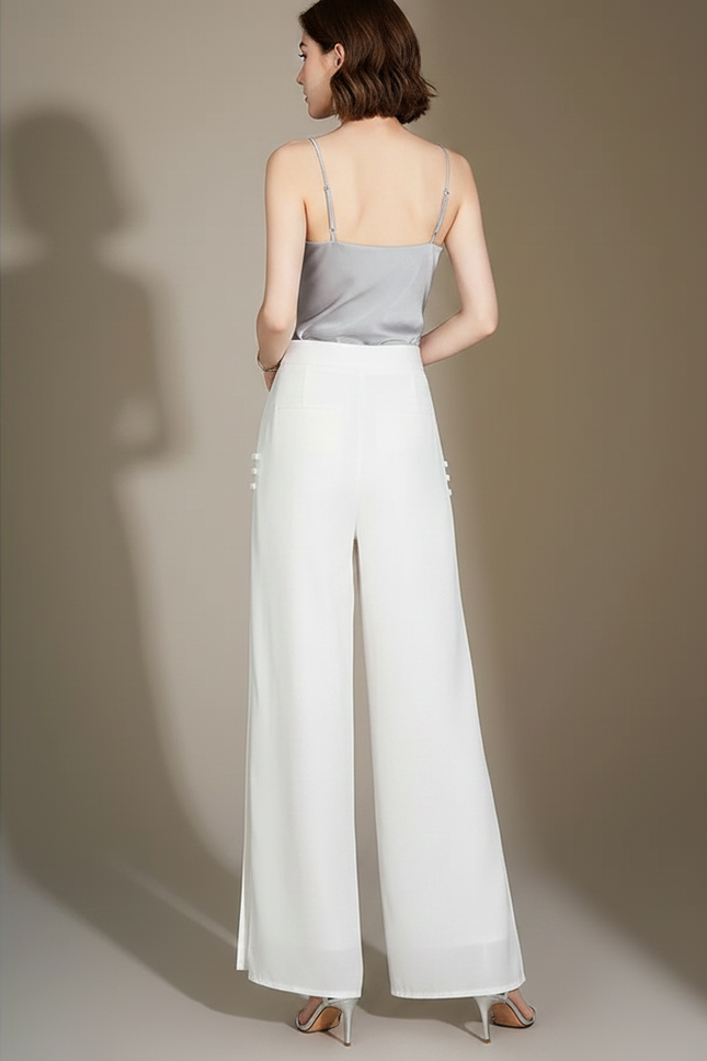 Pantalon Chinois Blanc Fluide Élégant Taille Haute - Soie - vue 2