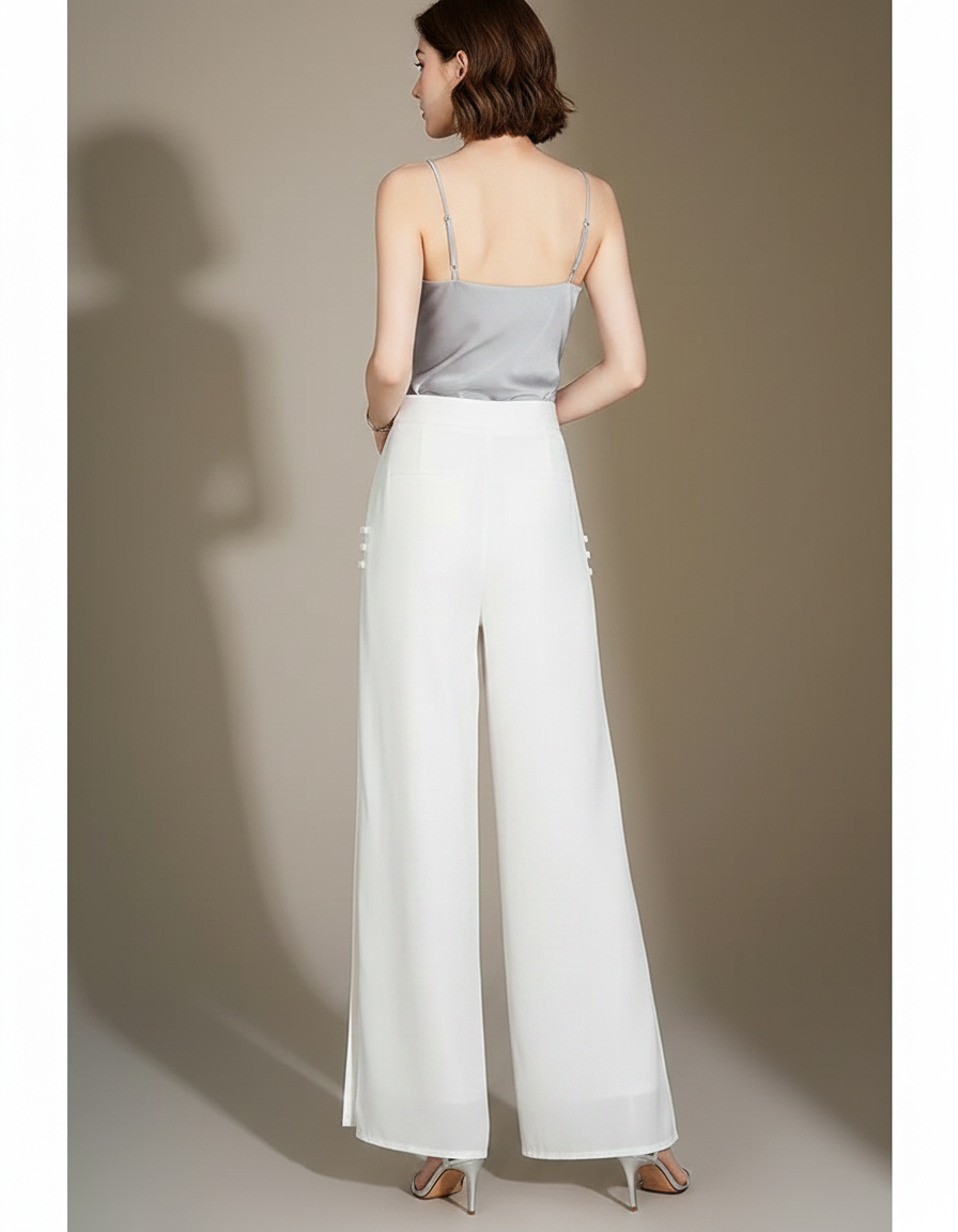 Pantalon Chinois Blanc Fluide Élégant Taille Haute - Soie - vue 2