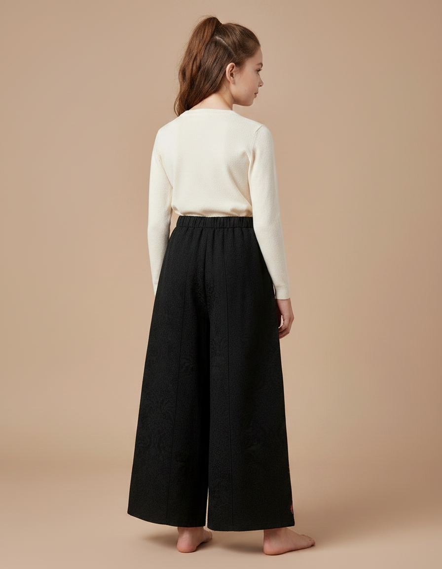 Pantalon Chinois Noir Brodé Ethnique Ample Jacquard Fille - Polyester - vue 2
