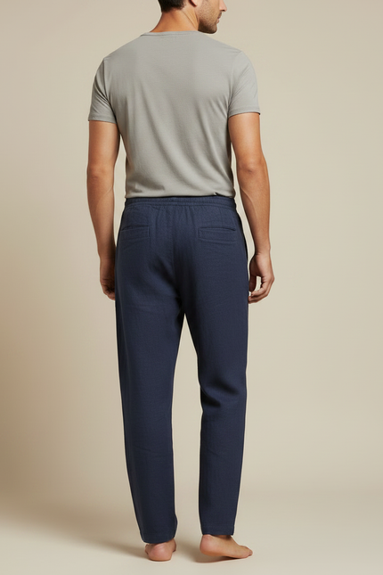 Pantalon Chinois Lin Bleu Marine Ample Décontracté Cordon - vue 2