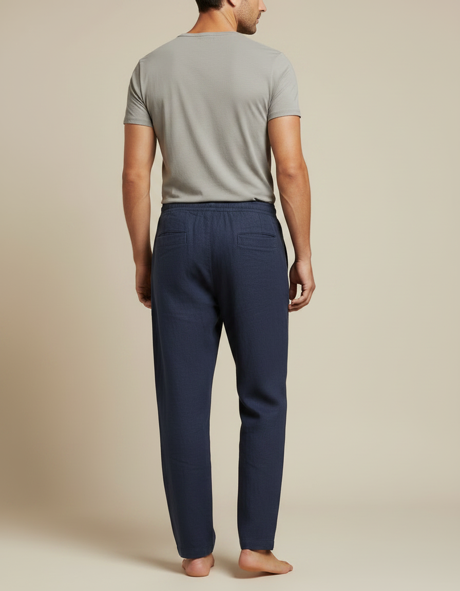 Pantalon Chinois Lin Bleu Marine Ample Décontracté Cordon - vue 2