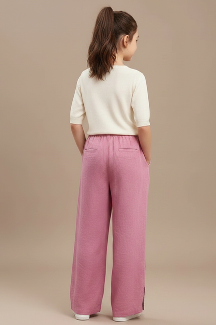 Pantalon Chinois Rose Brodé Lin Ample Fille Décontracté - vue 2