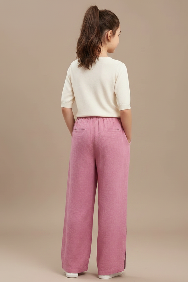 Pantalon Chinois Rose Brodé Lin Ample Fille Décontracté - vue 2