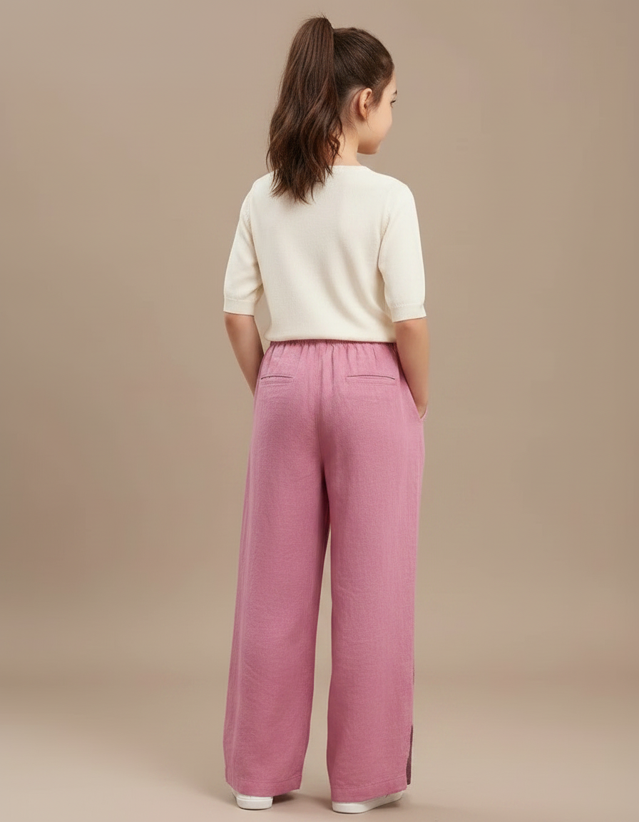 Pantalon Chinois Rose Brodé Lin Ample Fille Décontracté - vue 2