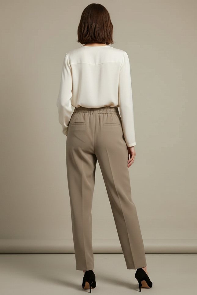 Pantalon Chinois Beige Taille Haute Fluide Élégant - Kaki Polyester - vue 2