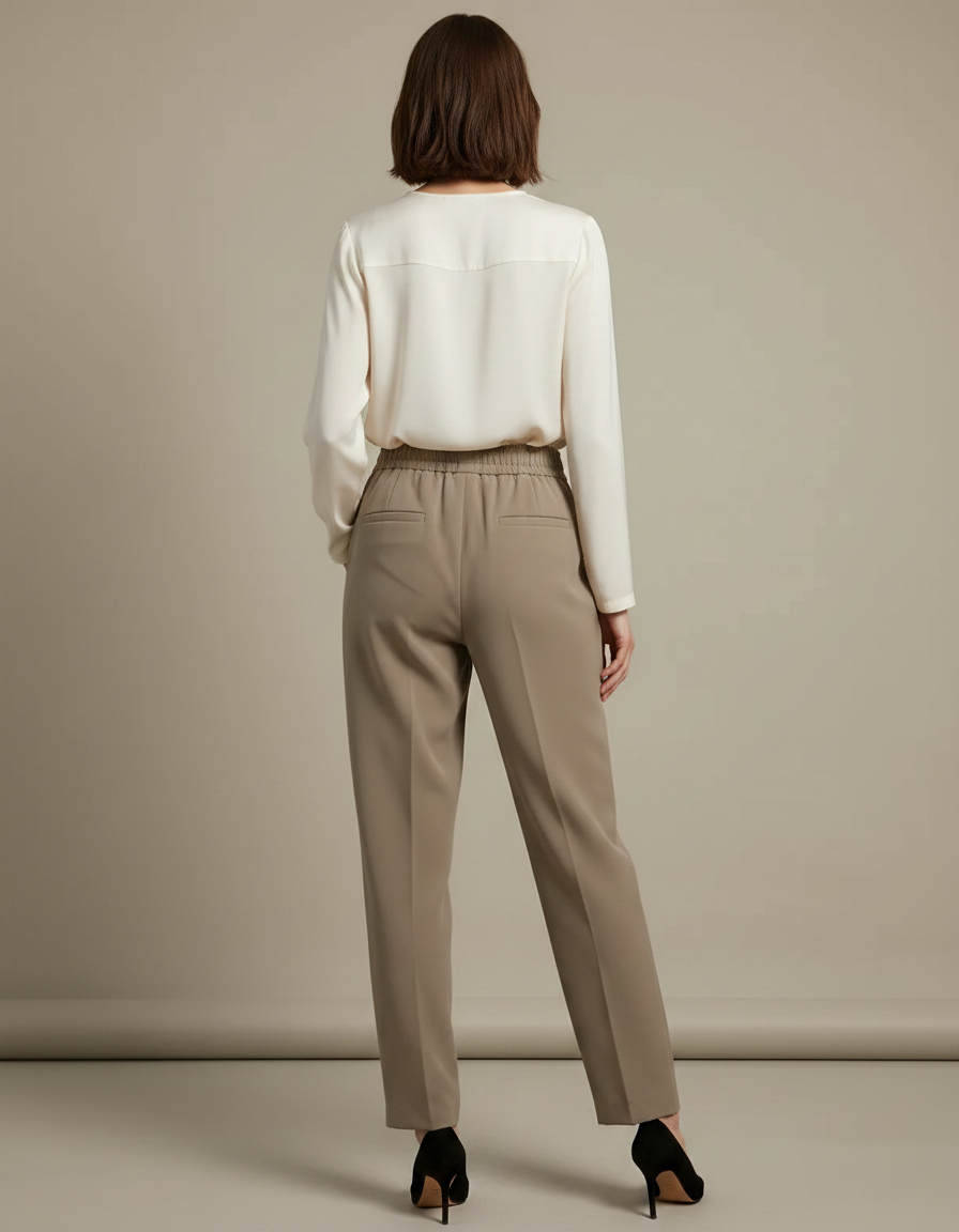 Pantalon Chinois Beige Taille Haute Fluide Élégant - Kaki Polyester - vue 2