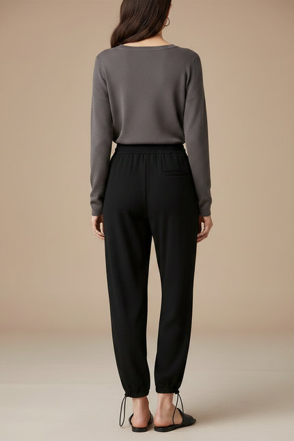 Pantalon Chinois Noir Ample Cordon Ribbed Confortable - Maille - vue 2
