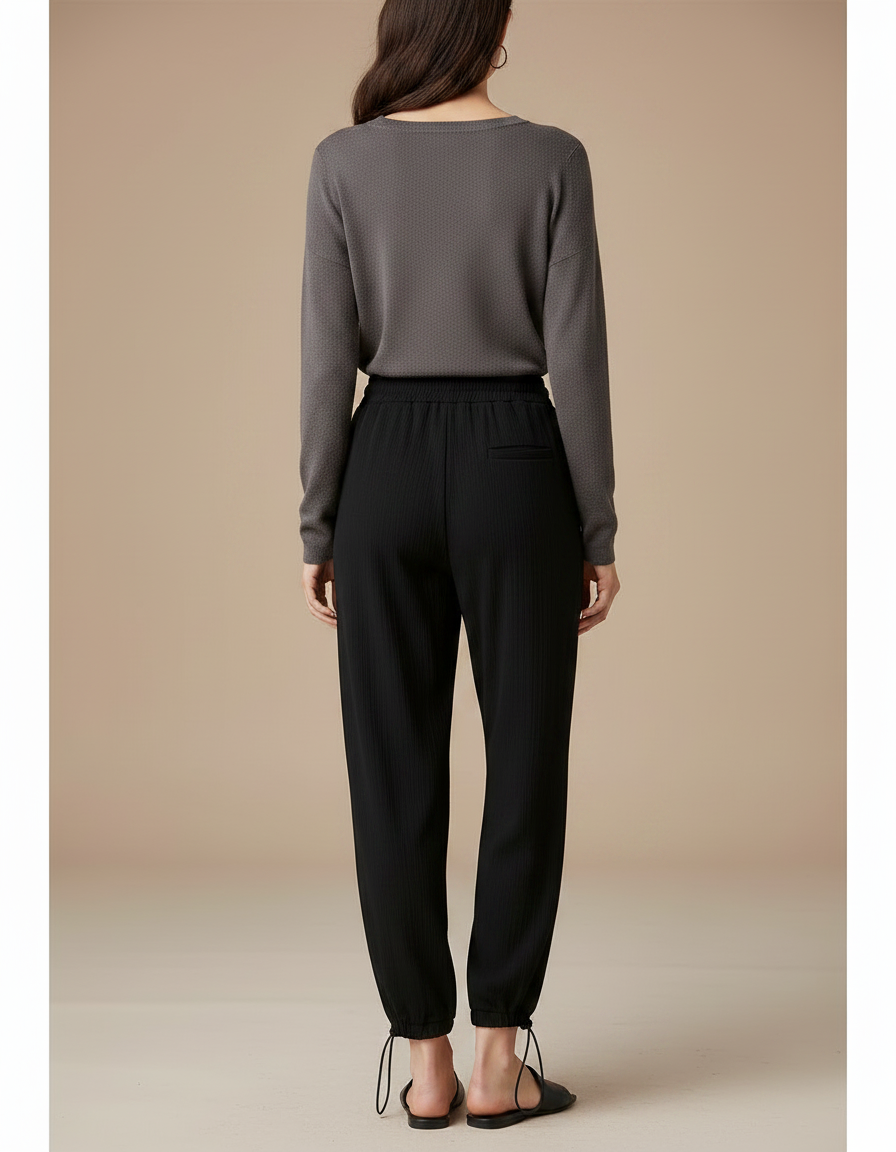 Pantalon Chinois Noir Ample Cordon Ribbed Confortable - Maille - vue 2