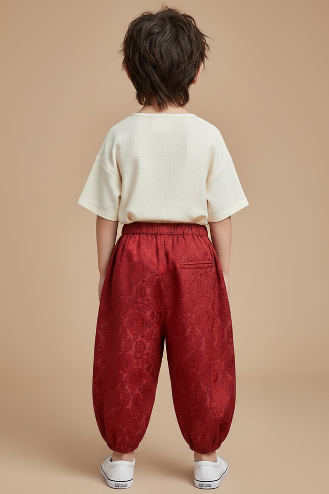 Pantalon Chinois Rouge Ample Floral Bouffant Enfant - Satin - vue 2