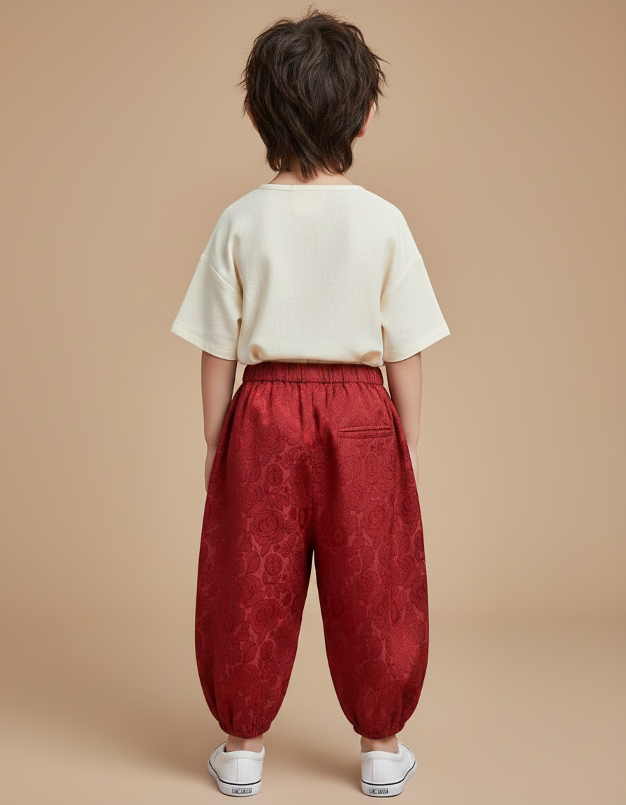 Pantalon Chinois Rouge Ample Floral Bouffant Enfant - Satin - vue 2