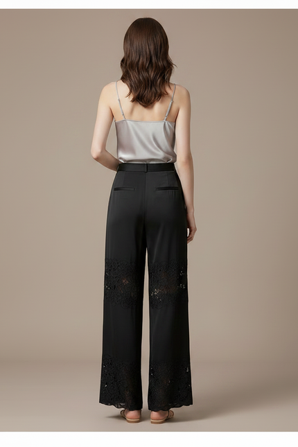 Pantalon Chinois Noir Dentelle Fluide Élégant Femme - Satin - vue 2