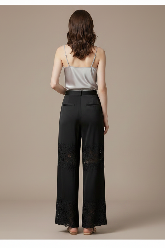 Pantalon Chinois Noir Dentelle Fluide Élégant Femme - Satin - vue 2