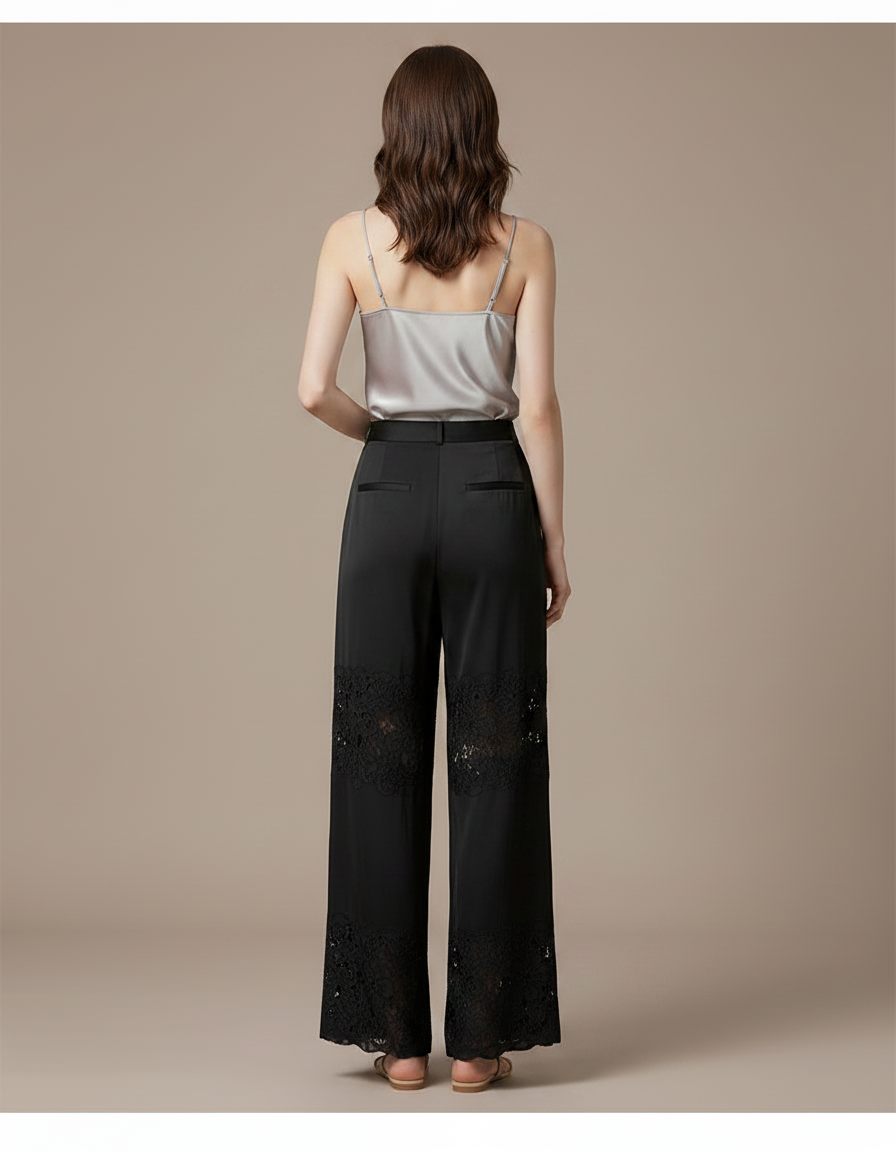 Pantalon Chinois Noir Dentelle Fluide Élégant Femme - Satin - vue 2