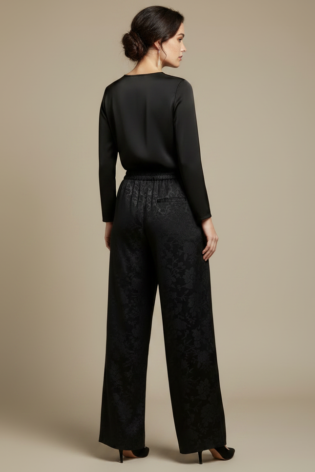 Pantalon Chinois Noir Jacquard Satin Ample Élégant Femme - vue 2