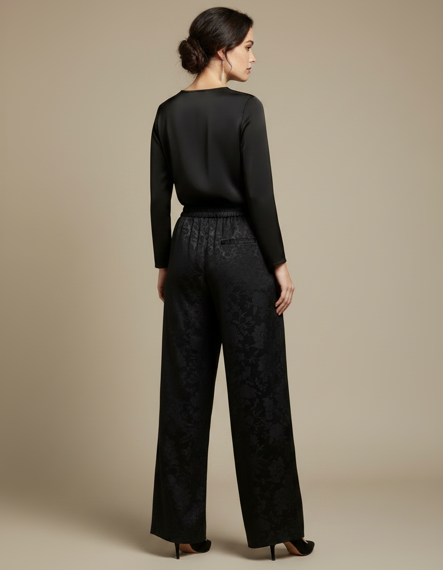 Pantalon Chinois Noir Jacquard Satin Ample Élégant Femme - vue 2