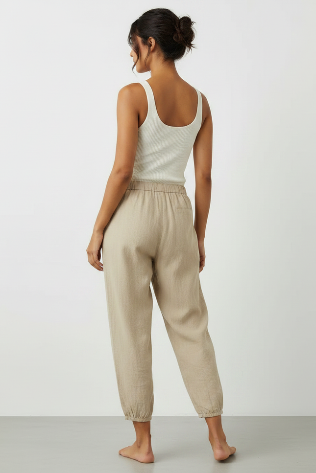 Pantalon Chinois Beige Lin Ample Décontracté Boutons - vue 2