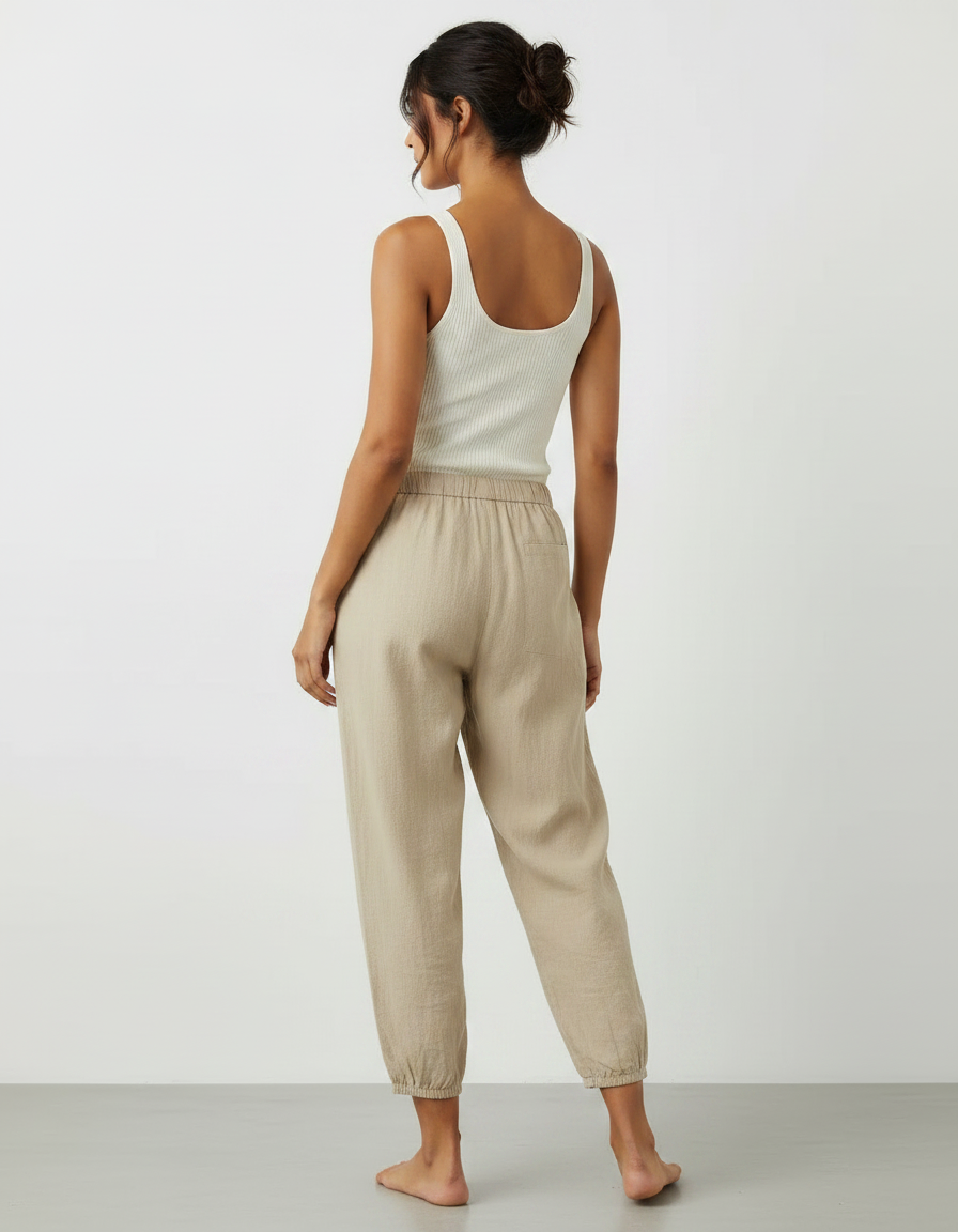 Pantalon Chinois Beige Lin Ample Décontracté Boutons - vue 2