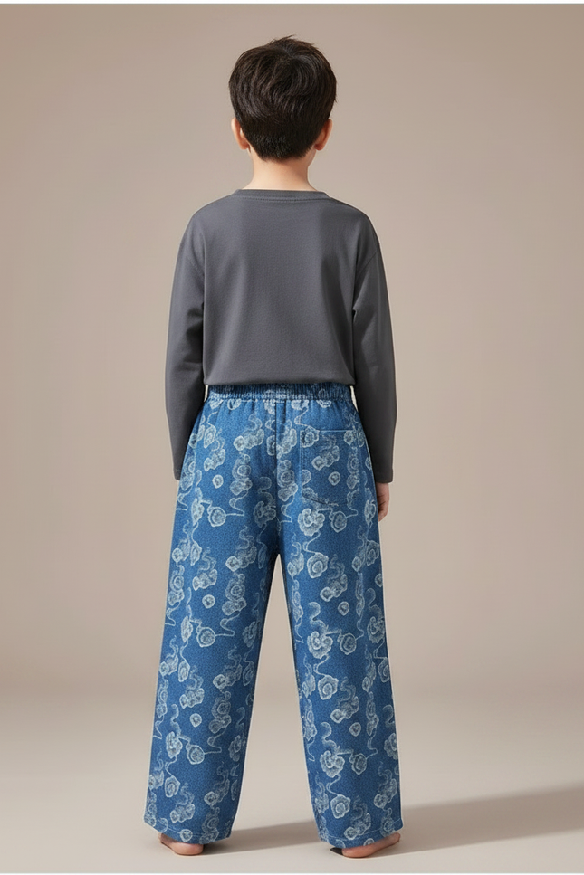 Pantalon Chinois Denim Imprimé Nuages Ample Décontracté Garçon - Jean - vue 2