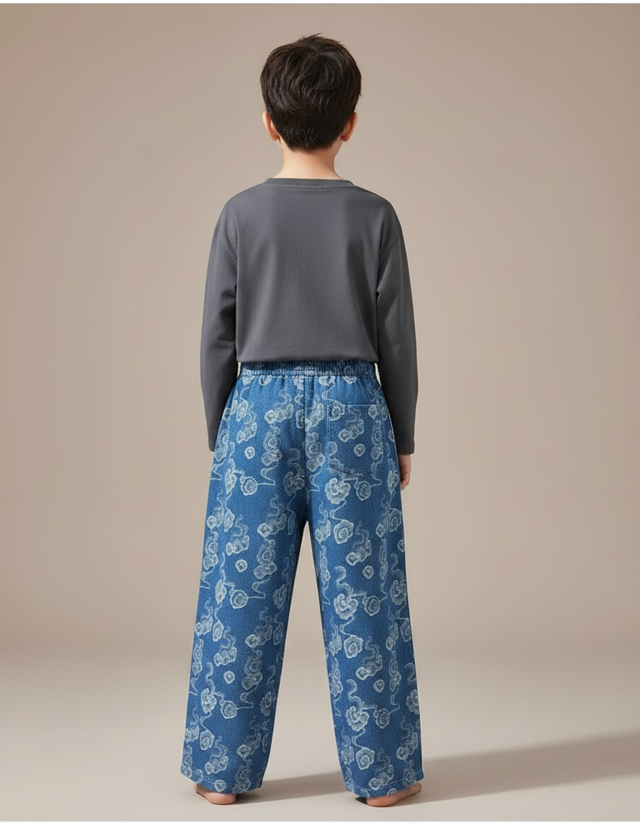 Pantalon Chinois Denim Imprimé Nuages Ample Décontracté Garçon - Jean - vue 2