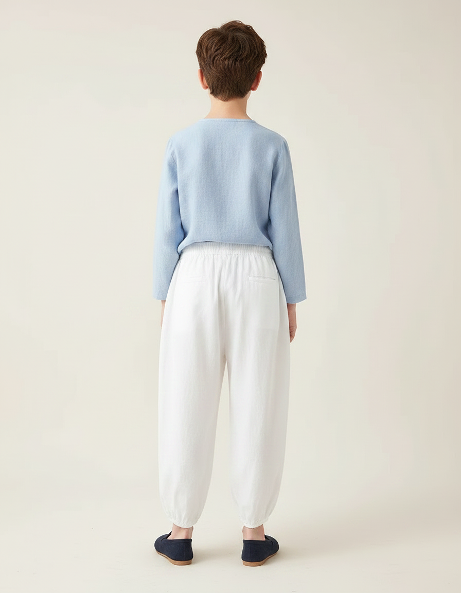 Pantalon Chinois Blanc Bouffant Brodé Floral Enfant - Lin - vue 2