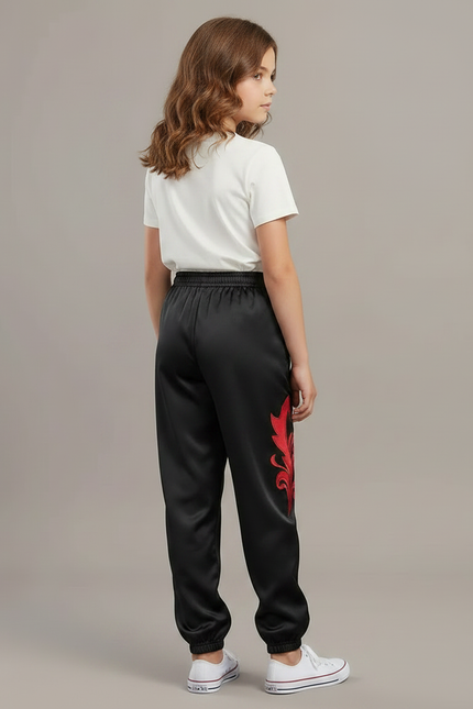 Pantalon Chinois Noir Satiné Ample Brodé Rouge - vue 2
