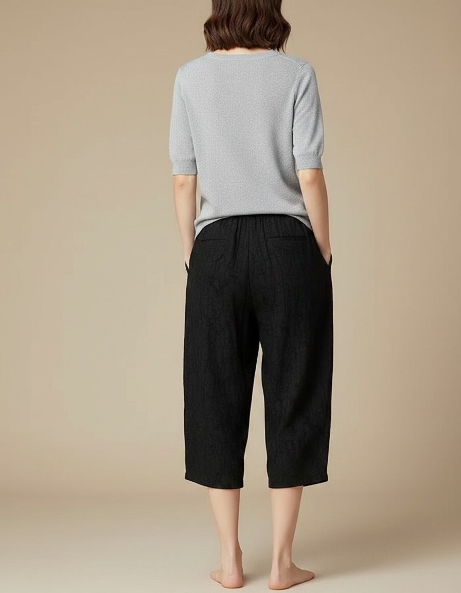 Pantalon Chinois Noir Ample Texturé Fluide Femme - Viscose - vue 2