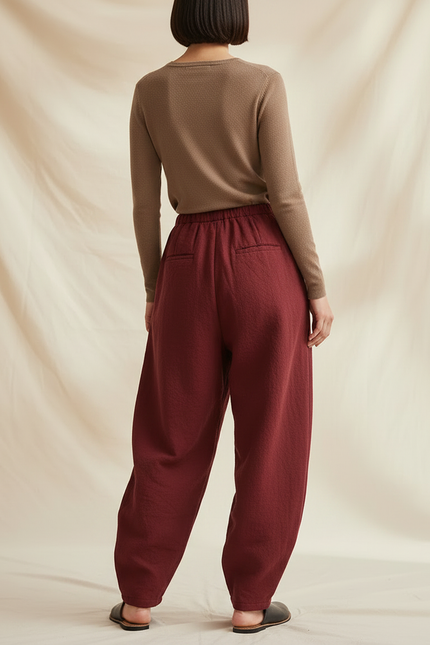 Pantalon Chinois Rouge Ample Coton Lantern Femme - Bordeaux - vue 2