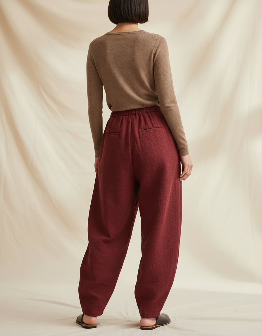 Pantalon Chinois Rouge Ample Coton Lantern Femme - Bordeaux - vue 2