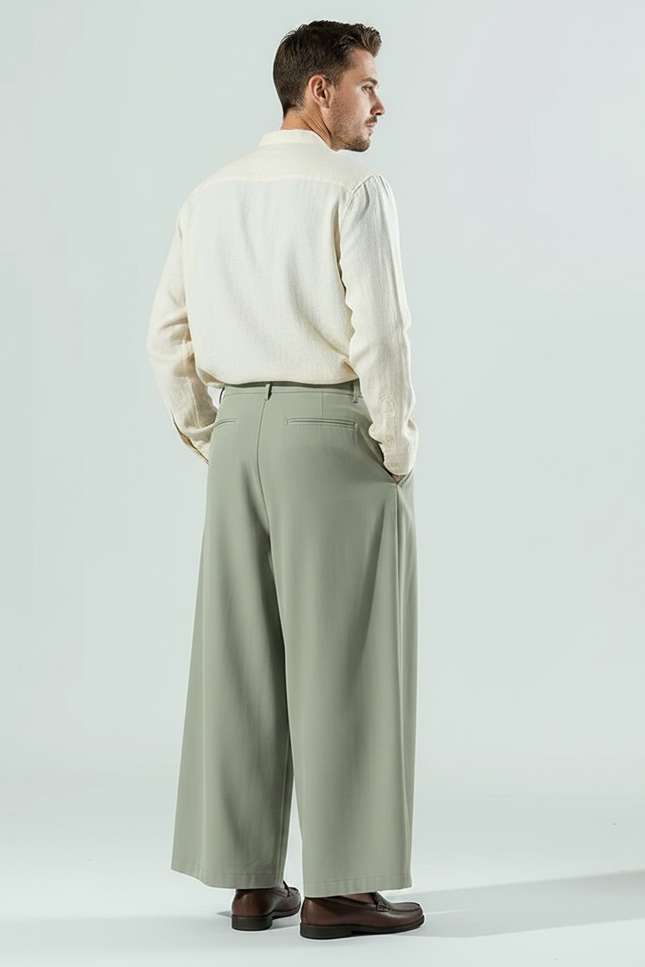 Pantalon Chinois Ample Plissé Vert Lin Homme - vue 2