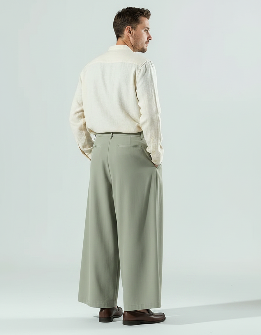 Pantalon Chinois Ample Plissé Vert Lin Homme - vue 2