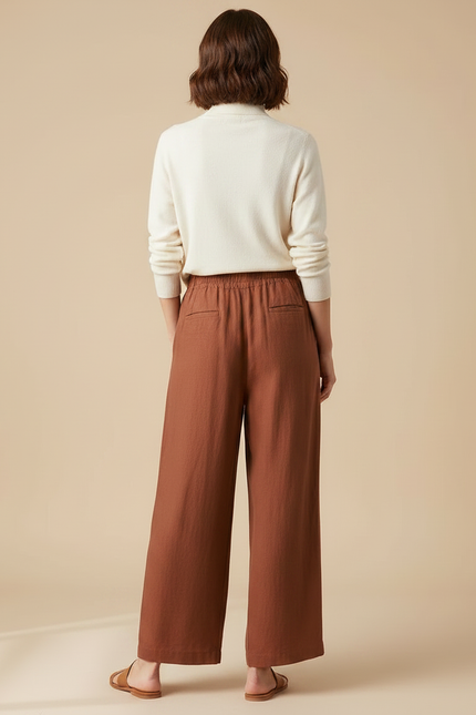 Pantalon Chinois Marron Ample Lin Coton Fluide Décontracté - vue 2