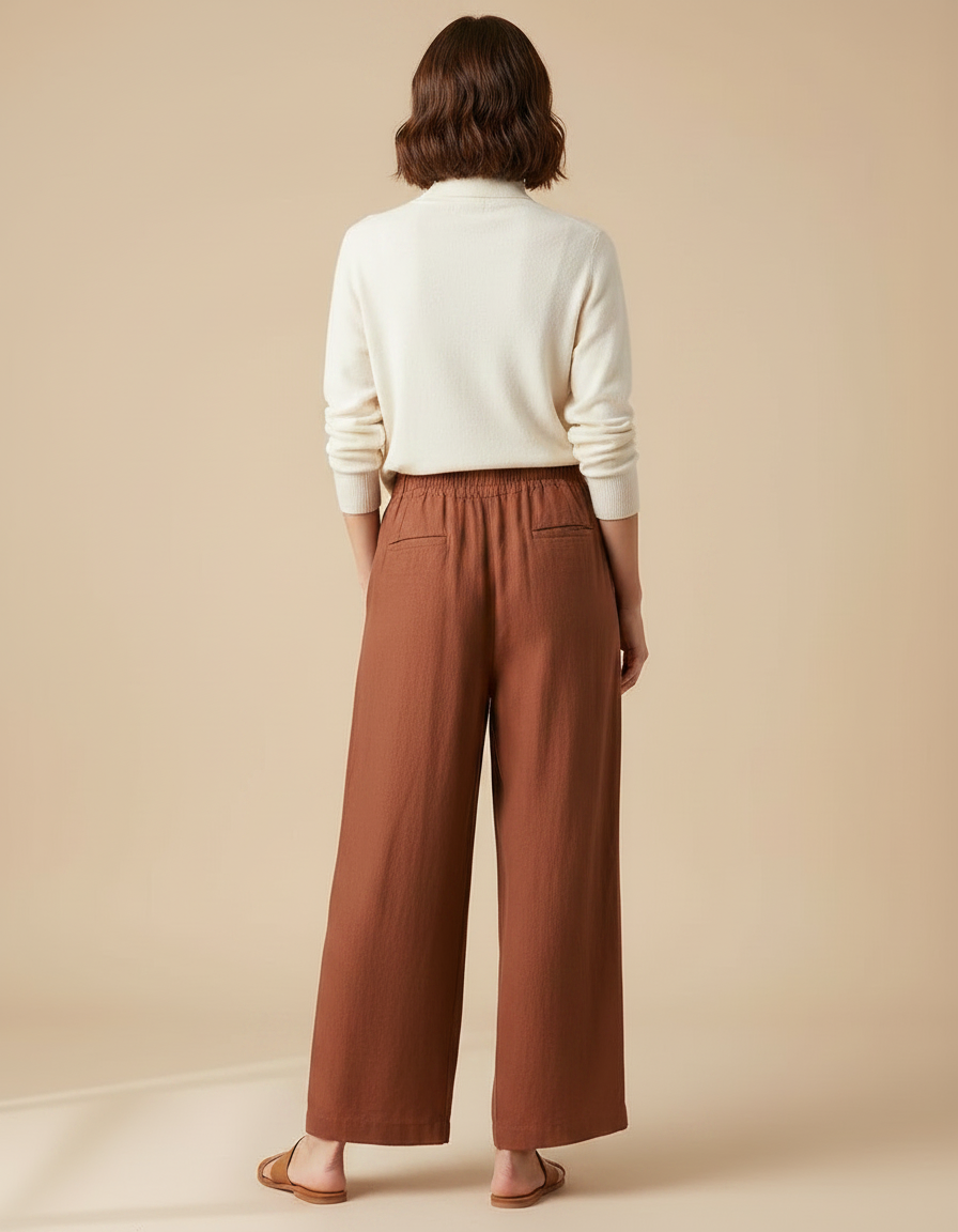 Pantalon Chinois Marron Ample Lin Coton Fluide Décontracté - vue 2
