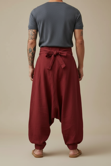 Pantalon Chinois Rouge Lin Ample Décontracté Ethnique Homme - Bordeaux - vue 2