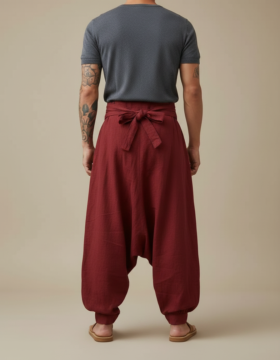 Pantalon Chinois Rouge Lin Ample Décontracté Ethnique Homme - Bordeaux - vue 2